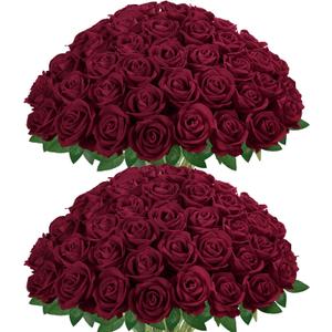 InnoGear 50 Pcs Burgundy Roses Artificial Flowers, Fake Velvet Silk Red Rose Bulk Faux Flower for Decoration Wedding Centerpieces Proposal Bridal Bouquets Shower Party Home Floral Decor (50, Burgundy)