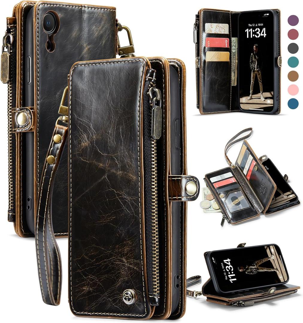 Defencase Compatible with iPhone XR Case Wallet with RFID Blocking Card Holder for Women and Men, Fashion PU Leather Magnetic Snap Flip Zipper Strap Wallet Phone Case Fit for iPhone XR 6.1", Coffee