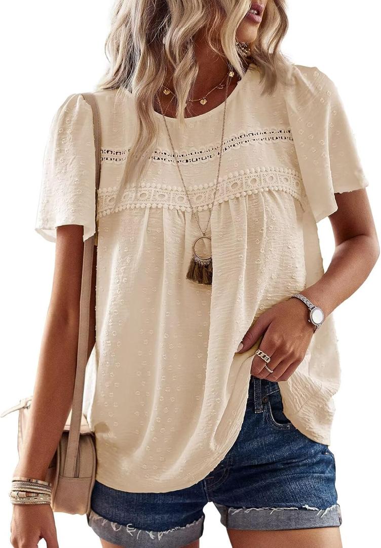 Womens Summer Tops Crewneck Short Sleeve Shirts Casual Chiffon Blouses Flowy Lace Hem Boho Clothing Trendy 2025 (Medium, Apricot)
