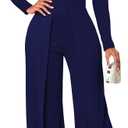 Women's Casual Long Sleeve Round Neck Jumpsuits Work Wide Leg Pants Club Party Loose Rompers (X-Large, 10824dark Blue)