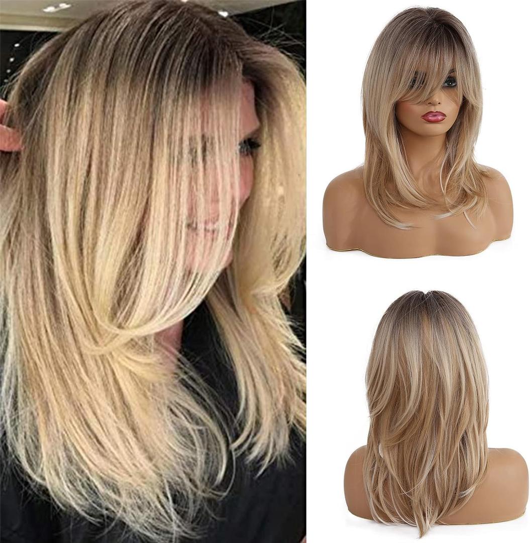Esmee 16 Inches Long Straight Blonde Layered Synthetic Hair Wigs for Women with Dark Roots for Daily Party Use