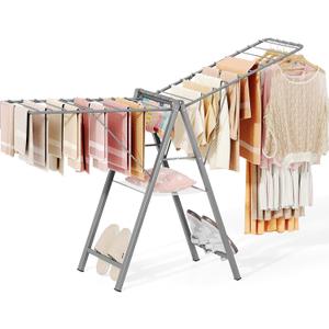 APEXCHASER Clothes Drying Rack Foldable, Metal Laundry Drying Rack Collapsible, Portable Compact Clothes Rack for Sweater Baby Clothes Towel Indoor & Outdoor, Height Adjustable Clothes Airer, Grey, 62.6*36.42*21.06 inches