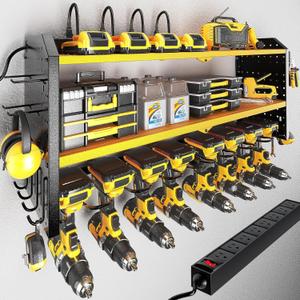 KAFAHOM Power Tool Organizer with Charging Station, Built in 8 Outlet Power Strip, Large 8 Drill Holder Wall Mount, Heavy Duty Metal Power Tool Storage Rack Tool Shelf for Garage Organization Black (Yellow-32 inches)