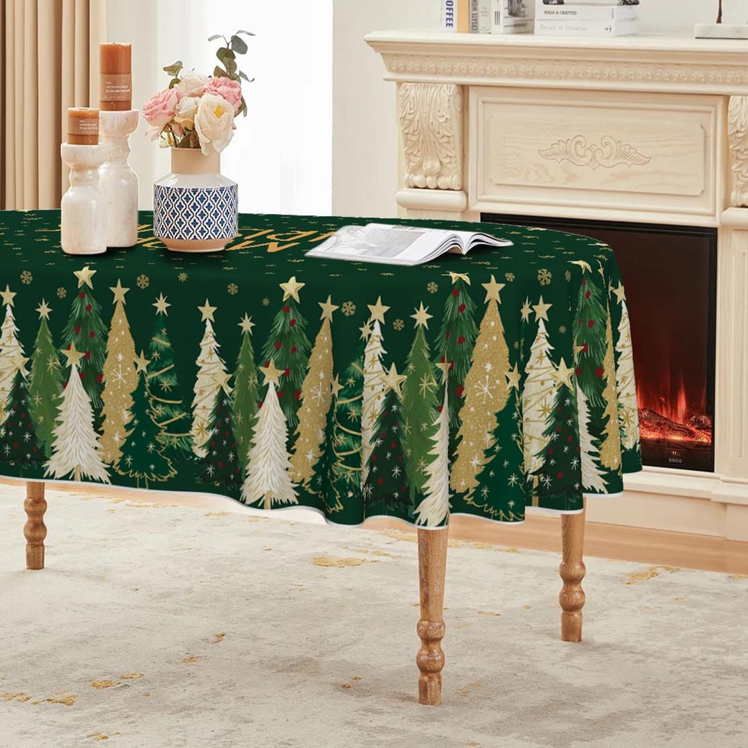 Horaldaily Christmas Tablecloth 6084 Inch Oval, Winter Stars Trees Green Washable Seasonal Table Cover for Party Picnic Dinner Decor