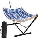 SUNCREAT Double Hammock with Stand Included, Portable Hammock with Stand and Large Pillow, Blue Stripes