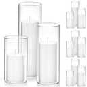 Set of 12 White Pillar Candles with Clear Glass Hurricane Holders- Elegant Cylinder Candle Vases for Weddings, Parties, Centerpieces, Home & Office Decor (White, 12 Set)