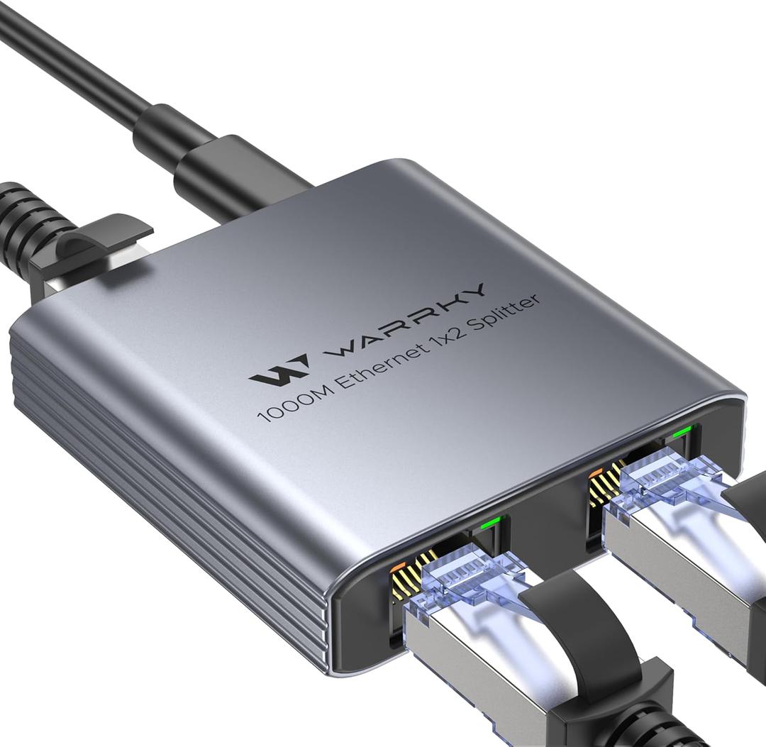 WARRKY Ethernet Splitter 1 to 2, 1000Mbps High Speed LAN Splitter, [0.55inch Ultra Slim, Integrally Molded Aluminum Case] Gigabit Ethernet Switch 2 port with USB-C Power Cable, for Cat5/5e/6/7/8 Cable