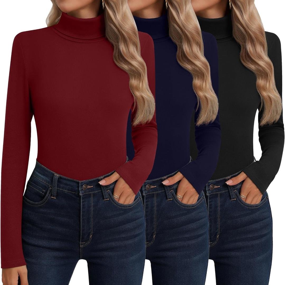 Neer 3 Pack Cotton Women's Turtleneck Long Sleeve Tops Thermal Underwear Base Layer Fall Winter Shirts Sweater (XX-Large, Black, Navy Blue, Dark Red)