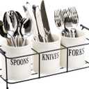 Bekith 3-Piece White Ceramic Silverware Caddy with Black Metal Rack, Utensil Holder Flatware Caddy Cutlery Storage Organizer for Kitchen Table, Cabinet or Pantry, White 