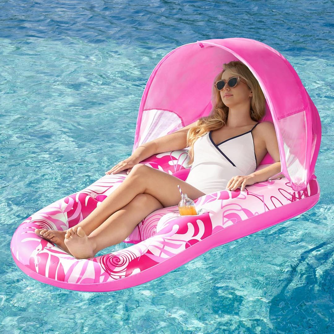 SLOOSH Inflatable Pool Floats Lounger with Canopy for Adult - Pool Lounge Float with Cup Holder & Backrest, Footrest for Pool Party, Swimming, Lake, Beach, Travel