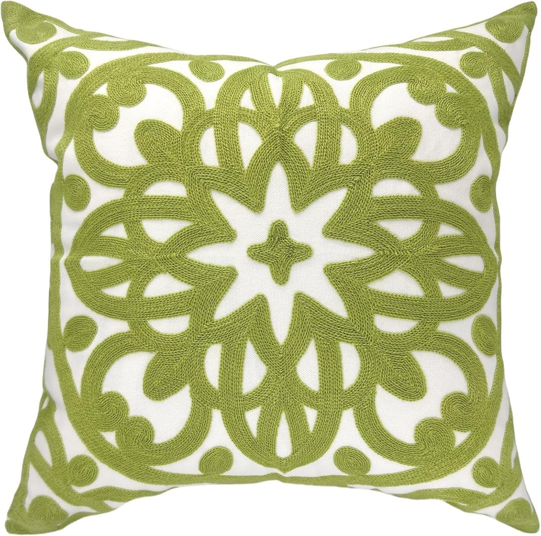 Alysheer Embroidered Summer Decorative Throw Pillow Covers 18"x18", Classic Boho Mandala Green Pattern Cotton Canvas Chic Accent Cushion Cases for Sofa Couch Bed Living Room Decor (Chartreuse Green)