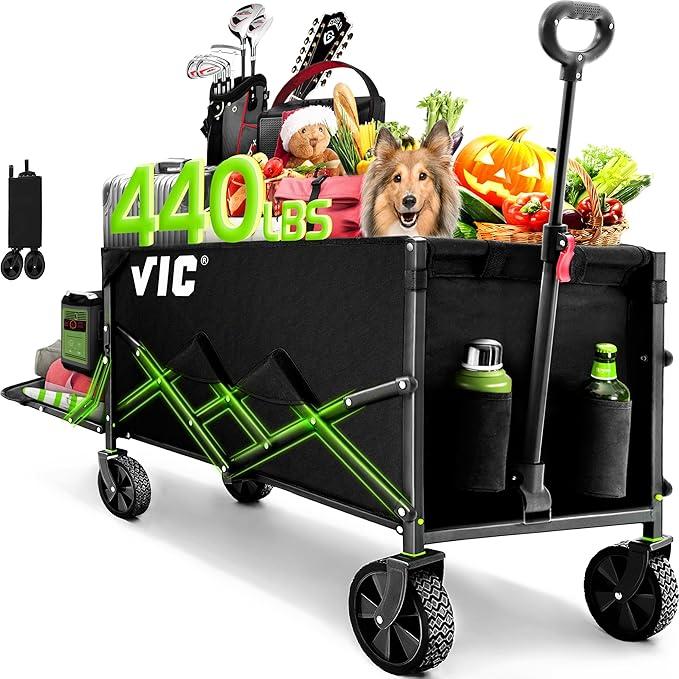 VIC Collapsible Folding Wagon 180L, Extra Long Extender Cart,Beach Cart Heavy Duty 440LBs Foldable, Utility Grocery with Side Pocket for Camping Garden Sports, V1max
