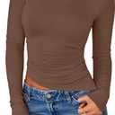 PRETTYGARDEN Womens Long Sleeve Shirts 2026 Fall Trendy Crewneck Slim Fit Asymmetrical Going Out Tops Ruched Tee Y2k Clothes (Brown, XL)