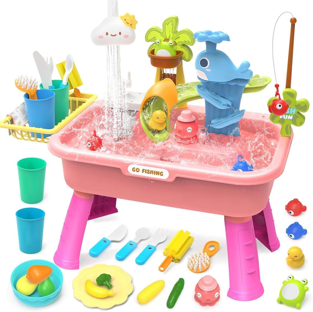 2026 Upgraded Water Table for Toddlers 1-3 - Play Sink with Running Water & Electric Faucet, Pretend Play Kitchen Sink Toy, Outdoor Sensory Summer Toys for Kids Ages 4-8, Fishing Game, Pink