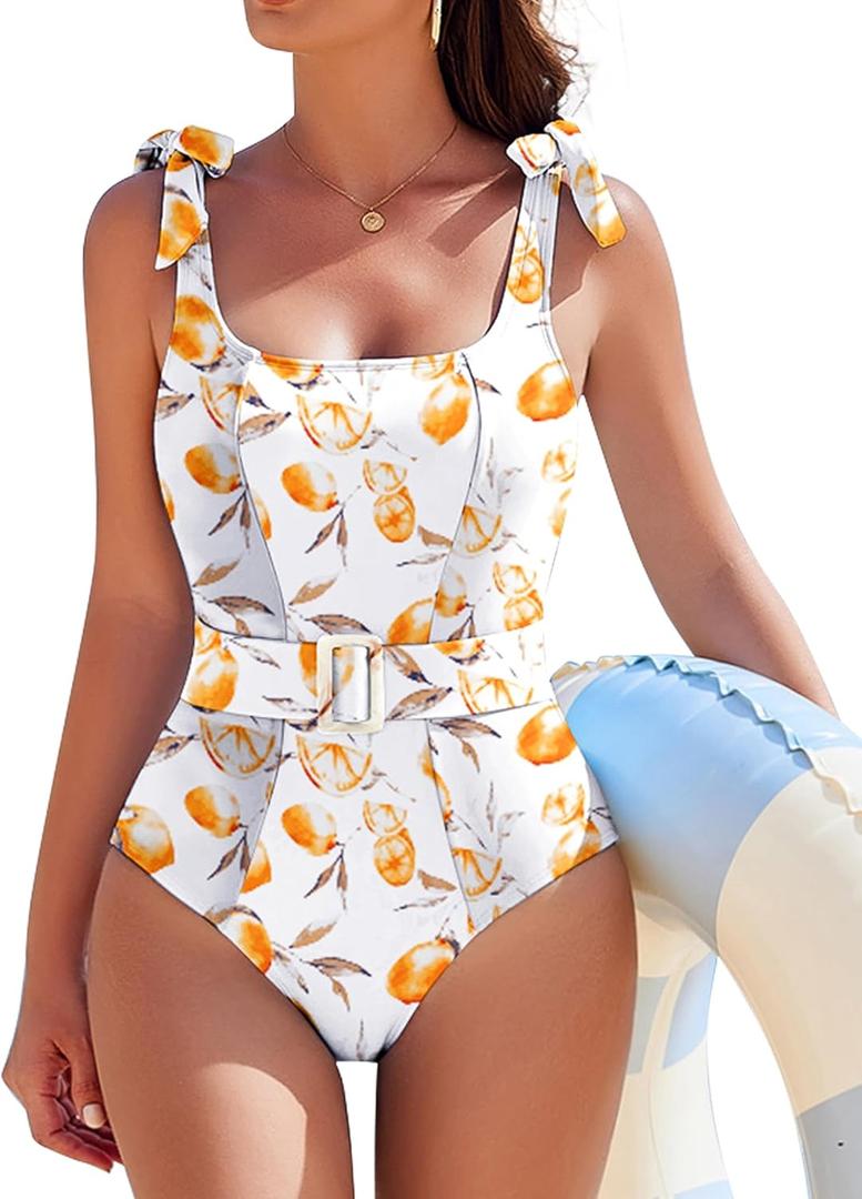 AI'MAGE Women's One Piece Swimsuit 2025 Tummy Control Swimsuits Slimming Bathing Suits Belted Swim Suit Swimwear (X-Large, Yellow Lemon)