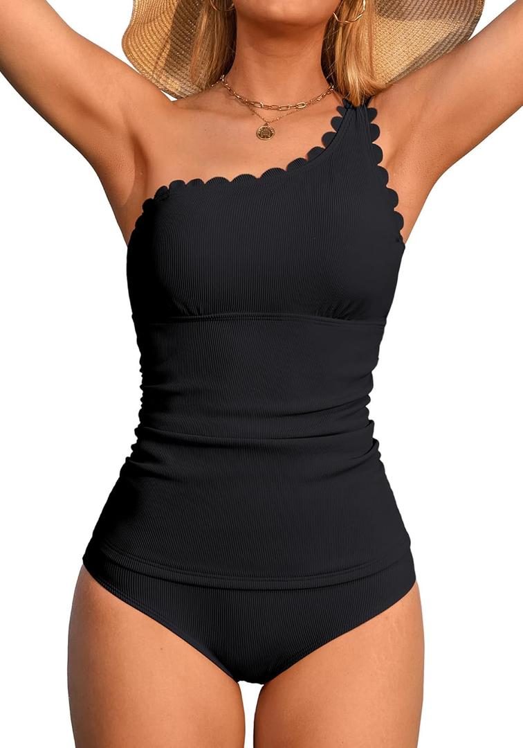 ANFILIA One Shoulder Two Piece Tankini Swimsuits for Women Tummy Control Bathing Suit Scalloped Tankini Top with Bottom Black Medium