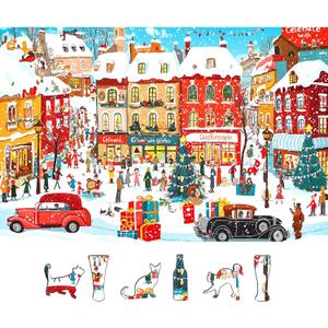Vintage Christmas Town Jigsaw Puzzles for Adults 500 Pieces Winter Holiday Scene with Classic Cars, Festive Shoppers, Decorated Tree & Snowy Streets - Family Challenge Puzzle 23"x15"