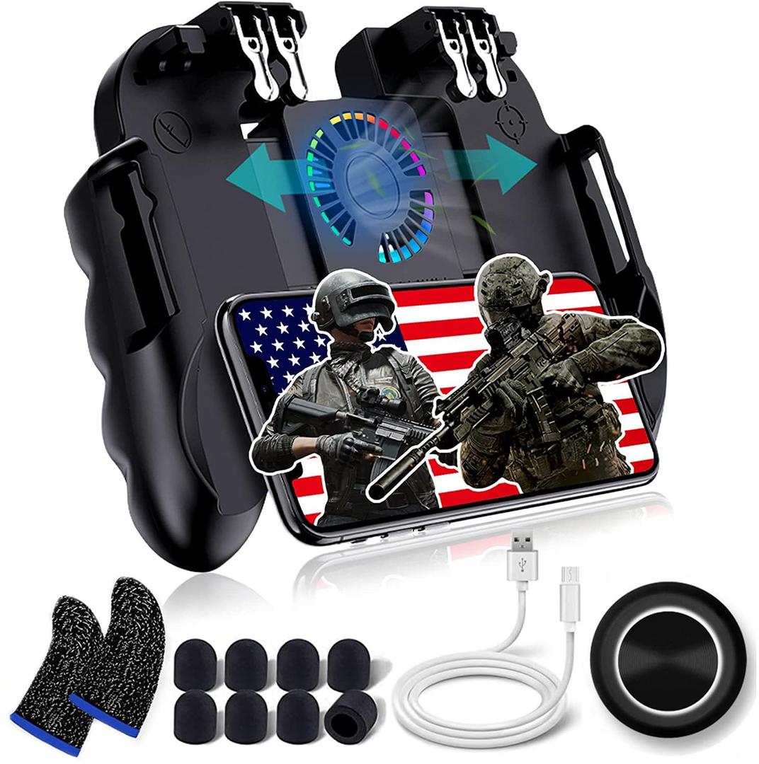 4 Trigger USB Mobile Game Controller with Cooling Fan Adjustable Stand for PUBG/Call of Duty/Fotnite [6 Finger Mode] GAMR+ L1R1 L2R2 Gaming Grip Gamepad (Black)