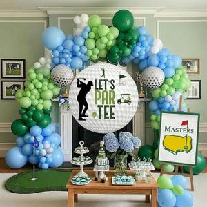 Hole in One Balloon Garland Arch Kit Green and blue Balloon Arch Kit with Lets Partee Backdrop Banner for Masters Birthday Baby Showers Retirement Parties Golf Events Decor