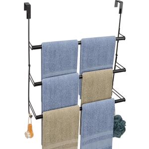 Livabber 3-Tier Over The Door Towel Rack, All Metal Towel Rack with Hooks for Door Hanging, Behind Door Towel Bar Towel Storage Holder for Bathroom Accessories, 19.37" L x 5.9" Wx 24.4" H(Black)