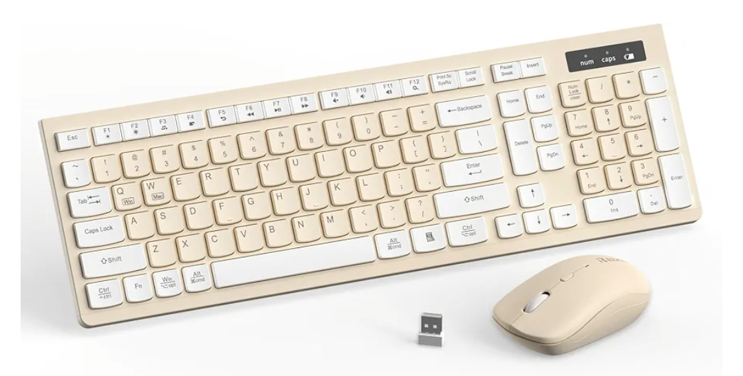 Wireless Keyboard and Mouse Combo, Full-Sized Wireless Keyboard and Adjustable DPI Mouse, 2.4GHz USB Receiver, Keyboard and Mouse for PC, Windows, Desktop, Laptop (Latte Color)