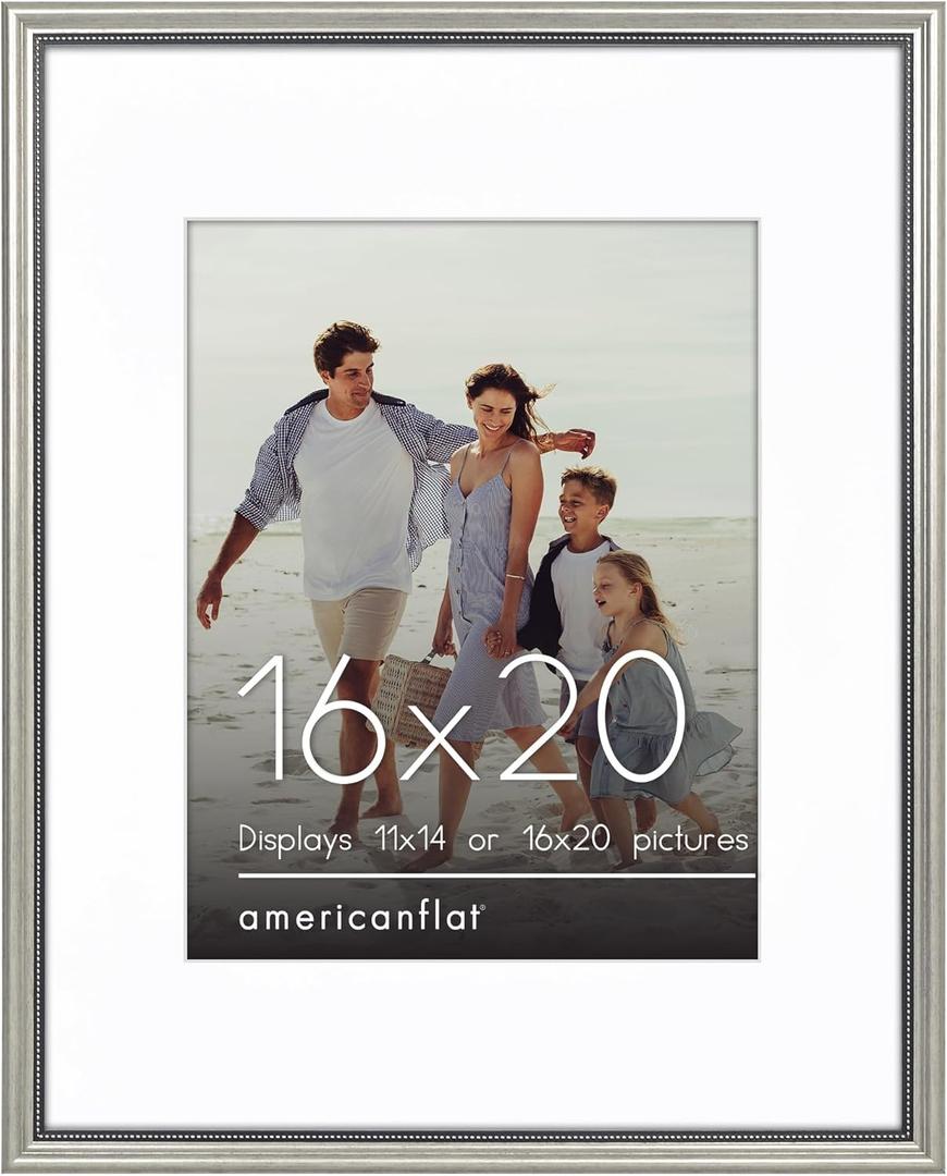 Americanflat Vintage Frames - 16x20 Picture Frame with Beaded Accents and Polished Plexiglass - Use as 11x14 Frame or Display 16x20 Photos Without Mat - Heirloom Collection - Wall Display - Silver