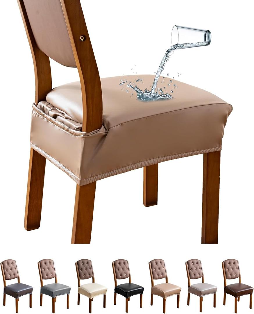 Genina Dining Chair Covers Set of 4, Waterproof PU Leather Dining Seat Covers Stretch Wipeable Dining Room Seat Cover Kitchen Chair Slipcover Protector (Rear-Covered Design, Khaki)