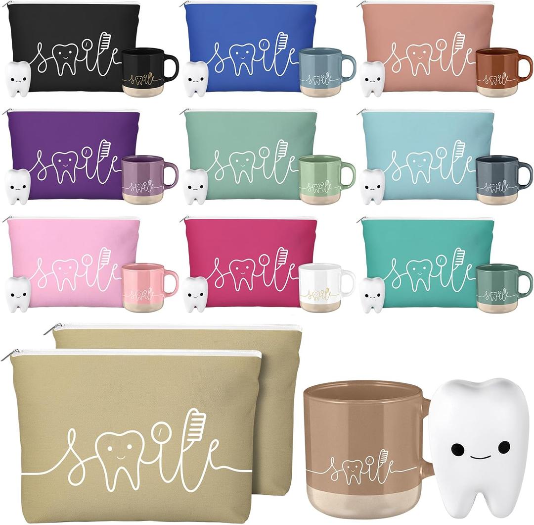 30 Pcs Dental Assistant Week Gifts Bulk Ceramic Coffee Mugs Cosmetic Teeth Makeup Bags Teeth Stress Toy Dentist Dental Hygienist Thank You Gift for Orthodontic Staff Office Team Dentist Day