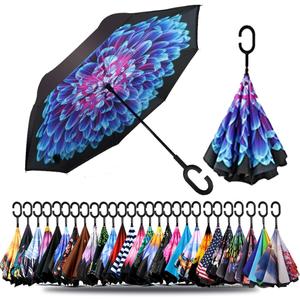 SIEPASA 49/56 Inch Inverted Reverse Upside Down Umbrella, Extra Large Double Canopy Vented Windproof Waterproof Stick Golf Umbrellas with C-shape Handle.