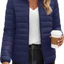 YUCOLEN Women's Puffer Jacket Quilted Winter Coat Padded Stand Collar Full-zip Warm Lightweight Puffer Coats (X-Large, Navy Blue)