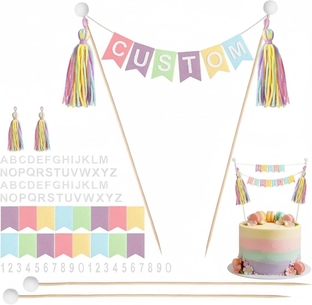 Breling 90 Pcs Custom Cake Banner Topper Set, Personalized Handmade Flag Banner Wooden Poll Alphabet Number for Birthday Wedding DIY Cake Decoration Anniversary Party Supplies(Macaron Color)