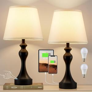 Seealle Touch Lamps for Nightstand - Bedside Lamps Set of 2, 3 Way Dimmable, USB C+A for Bedroom & End Tables (White&Black)