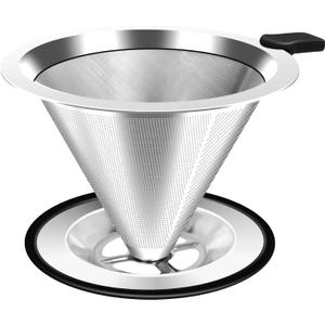 Pour Over Coffee Dripper, Stainless Steel Coffee Filter, Paperless Reusable Coffee Filter, Double Micromesh 600 Mesh Strainer Coffee Maker with Heat-Resistant Silicone Handle & Base for 1-2 Cup