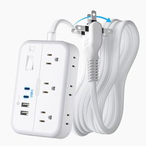 NTONPOWER 2 Prong Power Strip, 1875W/15A 2 Prong to 3 Prong Outlet Adapter, Power Strip with 4 USB Ports(2 USB C), 5 FT Rotating Flat Plug Extension Cord for Old House, Wall Mount (White)