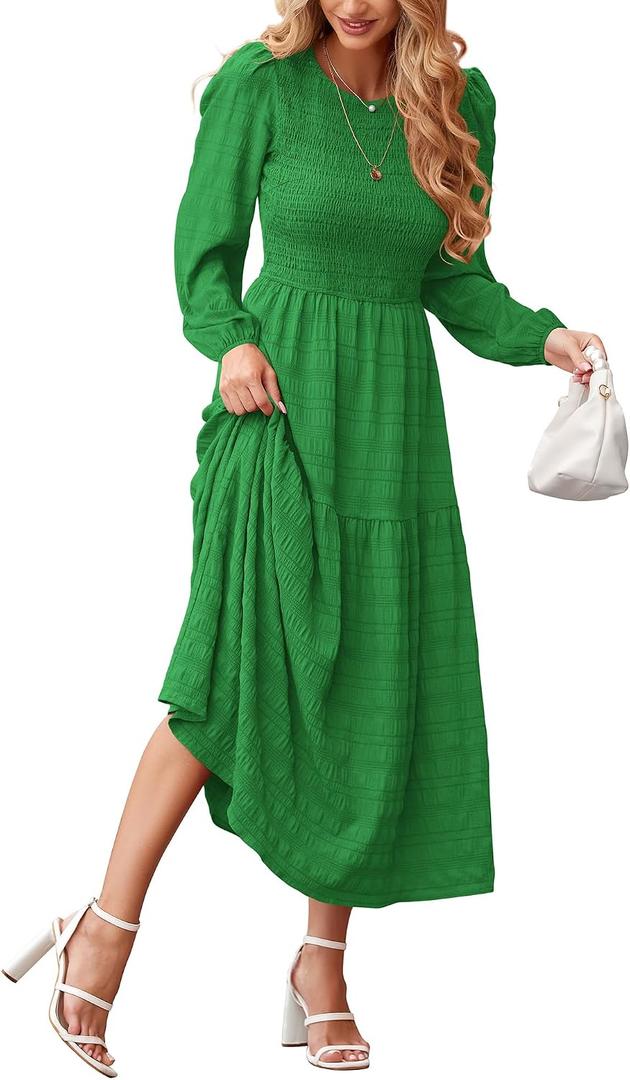 dowerme Women's Dresses 2026 Spring Puff Long Sleeve Crewneck Smocked Tiered Flowy A-Line Boho Wedding Party Maxi Dress (M)