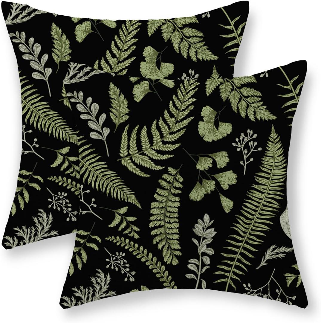 Green Leaf Plant Pillow Covers 18x18 Set of 2 Spring Tropical Fern Herbs Botanical Decorative Pillow Cases Vintage Leaves Floral Black Cushion Cover Decor Outdoor Throw Pillows for Couch Sofa