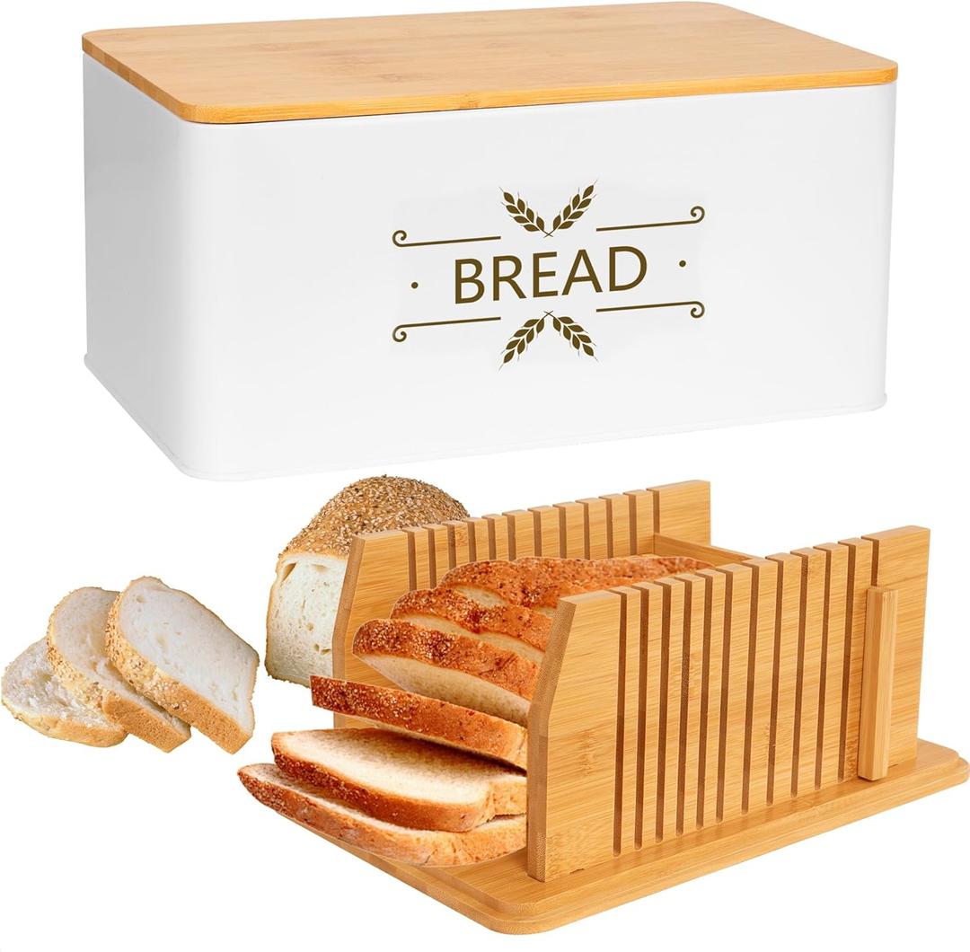 3 in 1 Bread Slicer for Homemade Bread with Box, Metal Bread Storage Container, Foldable Slicer Guide for Kitchen Countertop