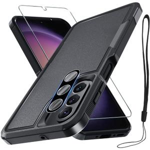 RMOCR Case for Samsung Galaxy A26, Full Body Heavy Duty Rugged Shockproof Protective Phone Cover with Lanyard Strap, Tempered Glass Screen Protector and Camera Lens Cover, Black Matte