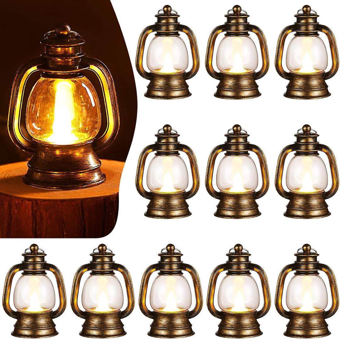 Ferraycle 12 Pcs Mini Lantern Decor Western Lantern Table Centerpiece Small Vintage Camping Hanging Lamp Ornaments Bulk for Cowboy Cowgirl Wedding Halloween Christmas (4 Inch,Retro Gold)