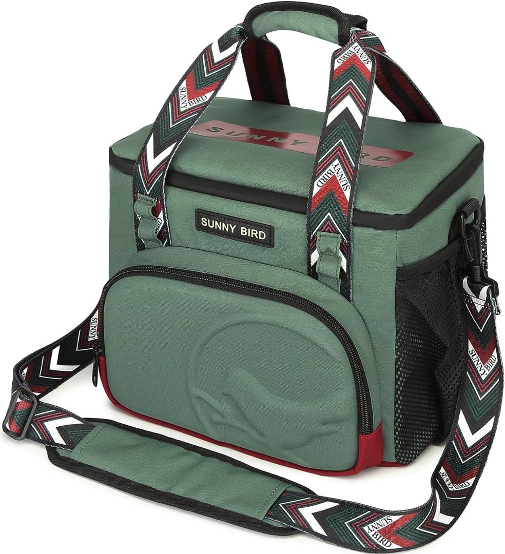 SUNNY BIRD 12L Large Insulated Lunch Bag, Foldable Lunch Cooler Box for Women Adult and Men, Fits 18 Cans (Green with Boho Strap)