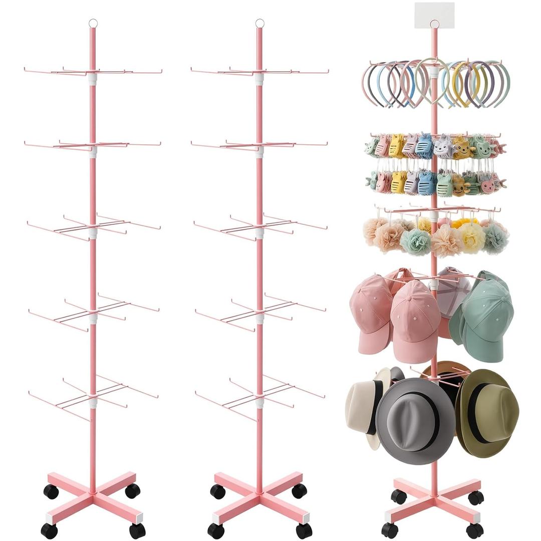 Ripeng 2 Pack 5-Tier Rotating Retail Display Stand, Adjustable Spinning Rack with Wheels for Jewelry Earrings Keychains Craft Shows Vendor Events, Pink
