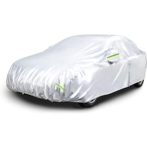 Amazon Basics Silver Weatherproof Car Cover, 150D Oxford, UV Protection, Snow Protection, Dustproof for Sedans up to 200", with Door Zipper