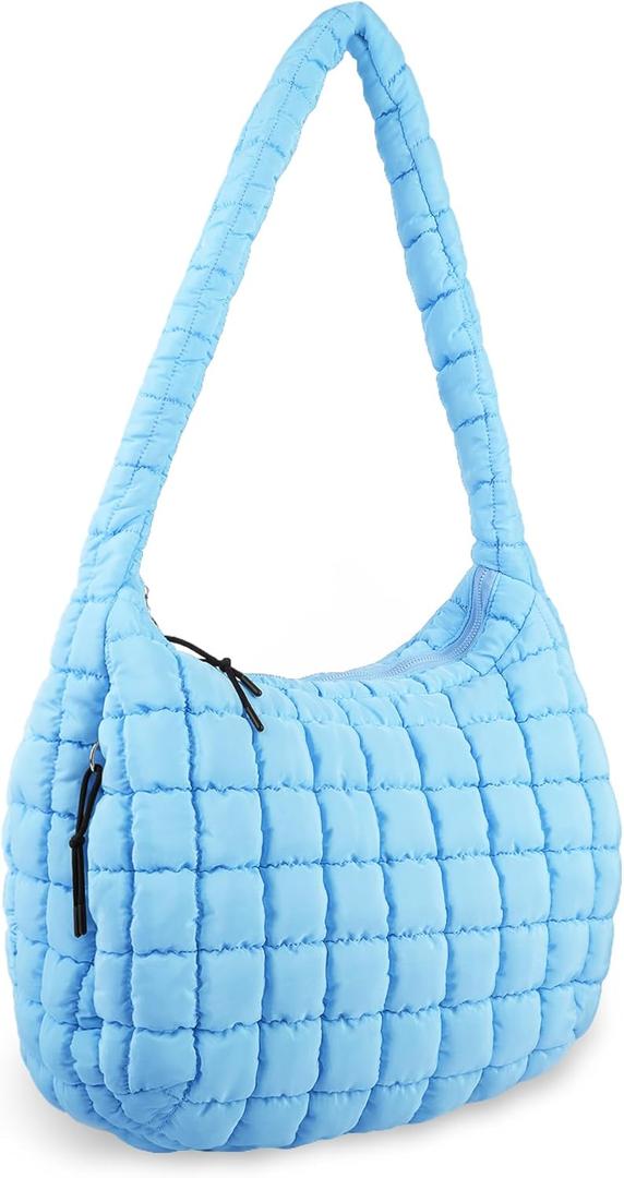 Quilted Puffer Tote Bag Purse Puffy Crossbody Shoulder Bag,Lightweight Nylon Hobo Bag Puffer Carryall Bag for Women Girl (Large, Blue)