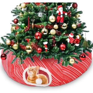 Soulchen Cat Tunnel with Christmas Tree Skirt, 35.8'' Cat Bed for Indoor with Hanging Ball, Xmas Festive Foldable Kitty Pipeline for Kittens Small Animal Christmas Decoration(Diagonal Stripes)