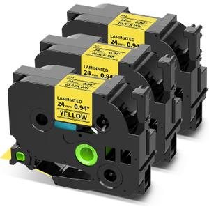 COLORWING TZe-651 24mm Yellow Label Tape Replacement for Brother P Touch TZ-651 1 Inch Black on Yellow TZ Tape 24mm 0.94 Laminated Work with Brother PT-D600 D610 P710BT Refills, 3-Pack
