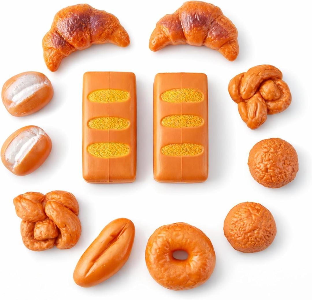 12 PCS Fake Bread Pastries Set, Life Sized Plastic Pretend Play Food Toy Kids Bakery Grocery Kitchen Playset