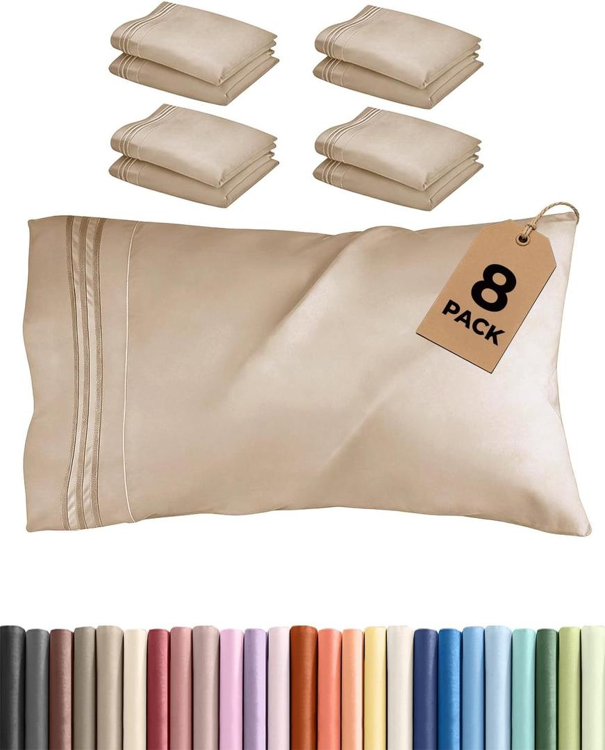 Queen Pillow Cases Set of 8 - Ultra Soft Hotel Quality Pillowcase Covers - Comfy & Wrinkle Free - Shrink, Stain and Fade Resistant - Easy-Care, Machine Washable Pillow Protectors - 8 Pcs Set - Cream