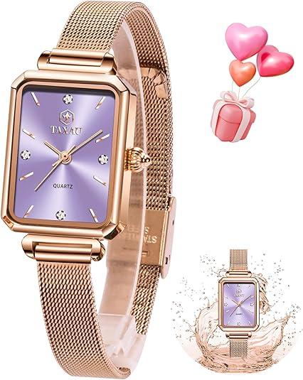 Taxau Analog Waterproof Rectangular Rose Gold Wrist Watch for Women Purple Dial Mesh Bracelet Elegant Watch Exquisite Stainless Steel Ladies Small Dress Watches
