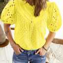 BETTE BOUTIK Women's Long Short Sleeve Tops 2025 Dressy Casual Button Hollow Out Lace Embroidered Blouses Shirts (Yellow)