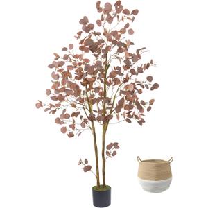 Warmplants Artificial Eucalyptus Tree, 6ft Fake Eucalyptus Plant with Basket, Red Silver Dollars Silk Leaves Faux Tree for Home Office Perfect Housewares Gift Decoration